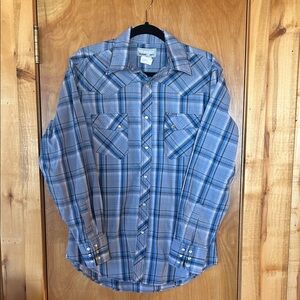 Wrangler Wrancher Men's Blue and Gray Plaid Pearl Snap Long Sleeve Shirt